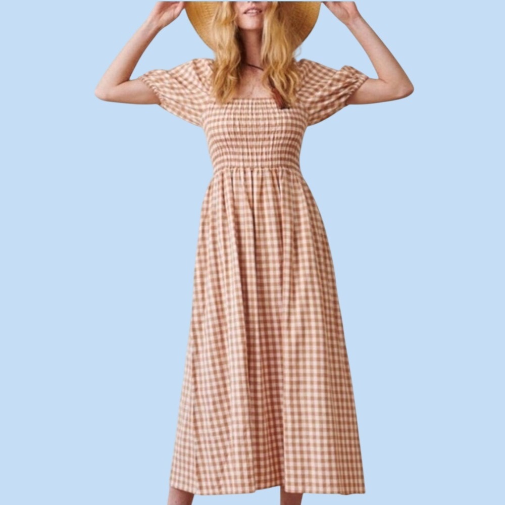 WVN Somerset Gingham 100% Organic Cotton Puff Sleeve Maxi Dress Peach White Med